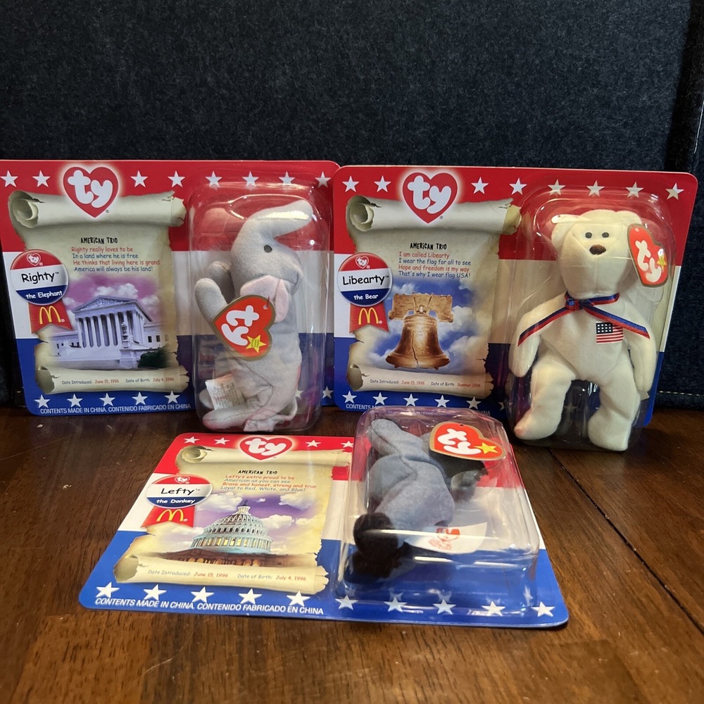 TY 3 BEANIE BABIES McDonalds AMERICAN TRIO 2000 LIBERTY LEFTY RIGHTY NEW SEALED